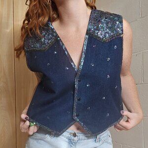Vintage Denim & Sequin Button Down Vest